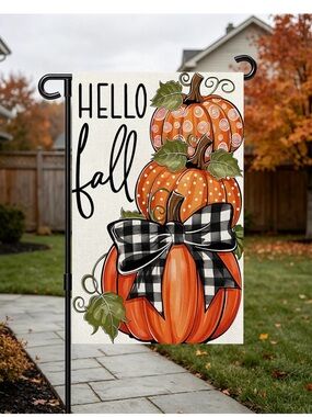 Hello Fall Pumpkin Stack Garden Flag - Orange & Black